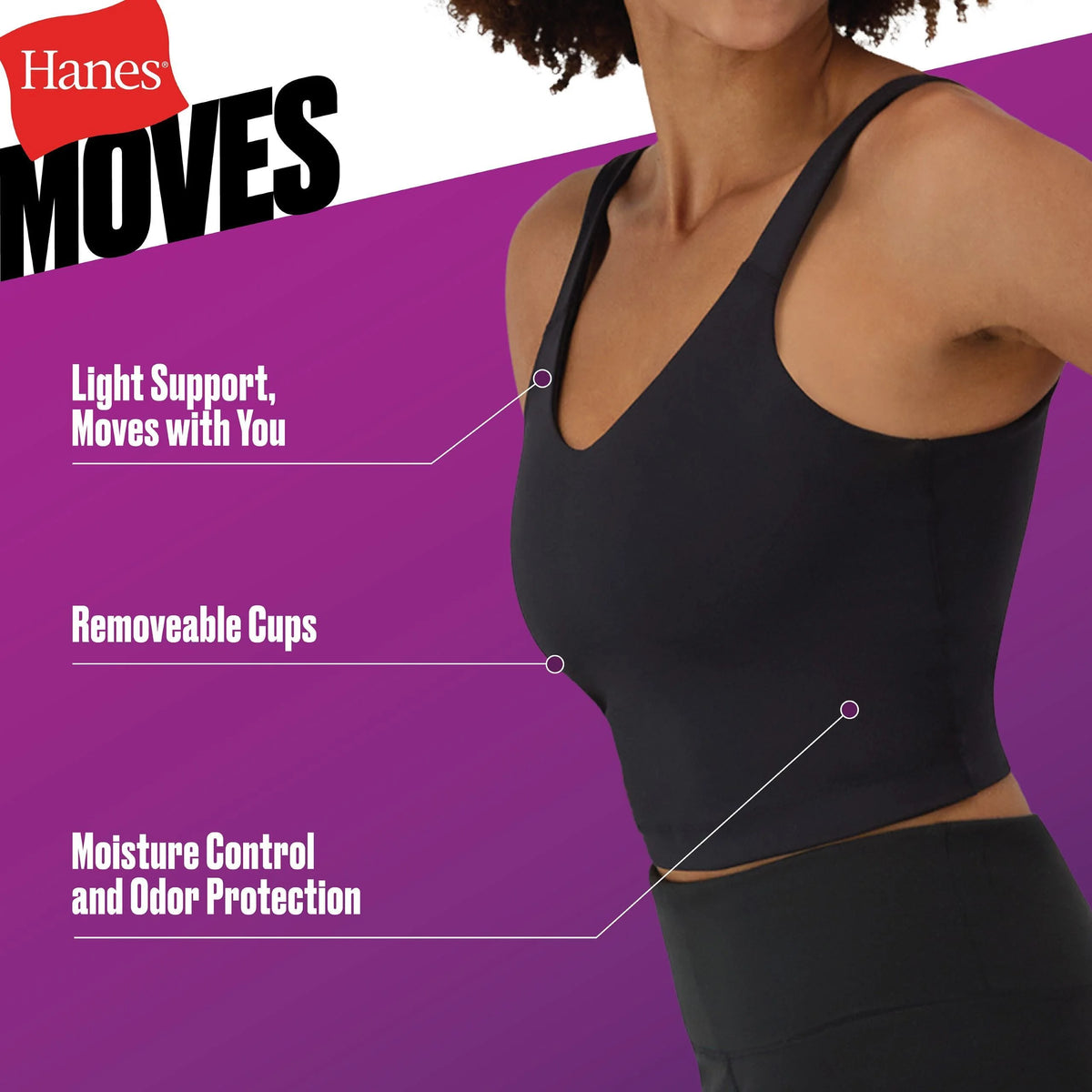 Hanes Moves Women's V-Neck Crop Bralette, Light Support