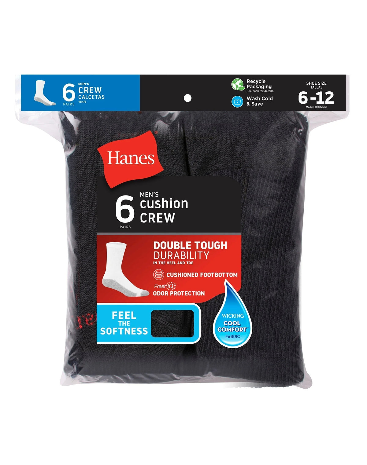 Hanes Double Tough Men's Cushion Crew Socks, Shoe Sizes 6-12, 6-Pairs